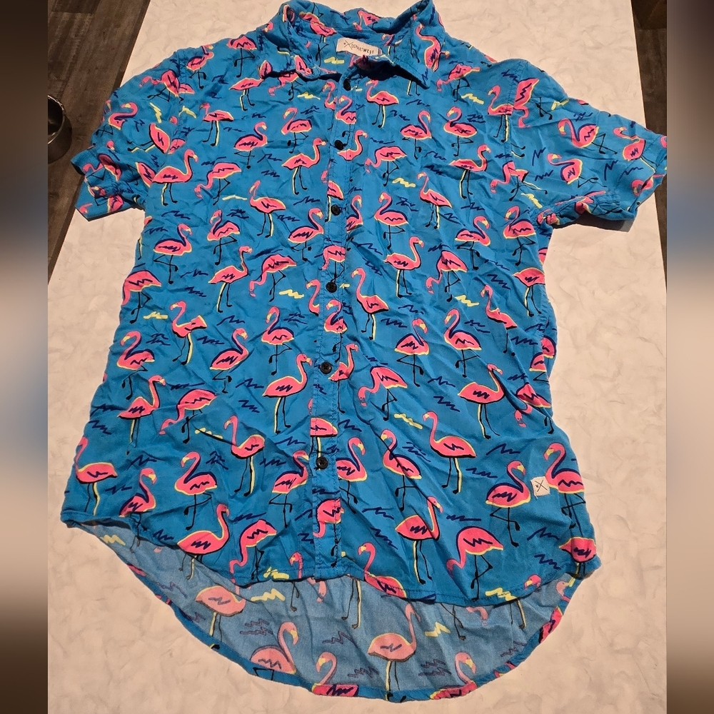 Blue Flamingo Print Button Up Short Sleeve Casual Shirt
